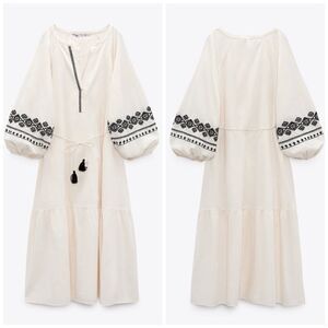 Zara Embroidered Cotton Dress Balloon Sleeves